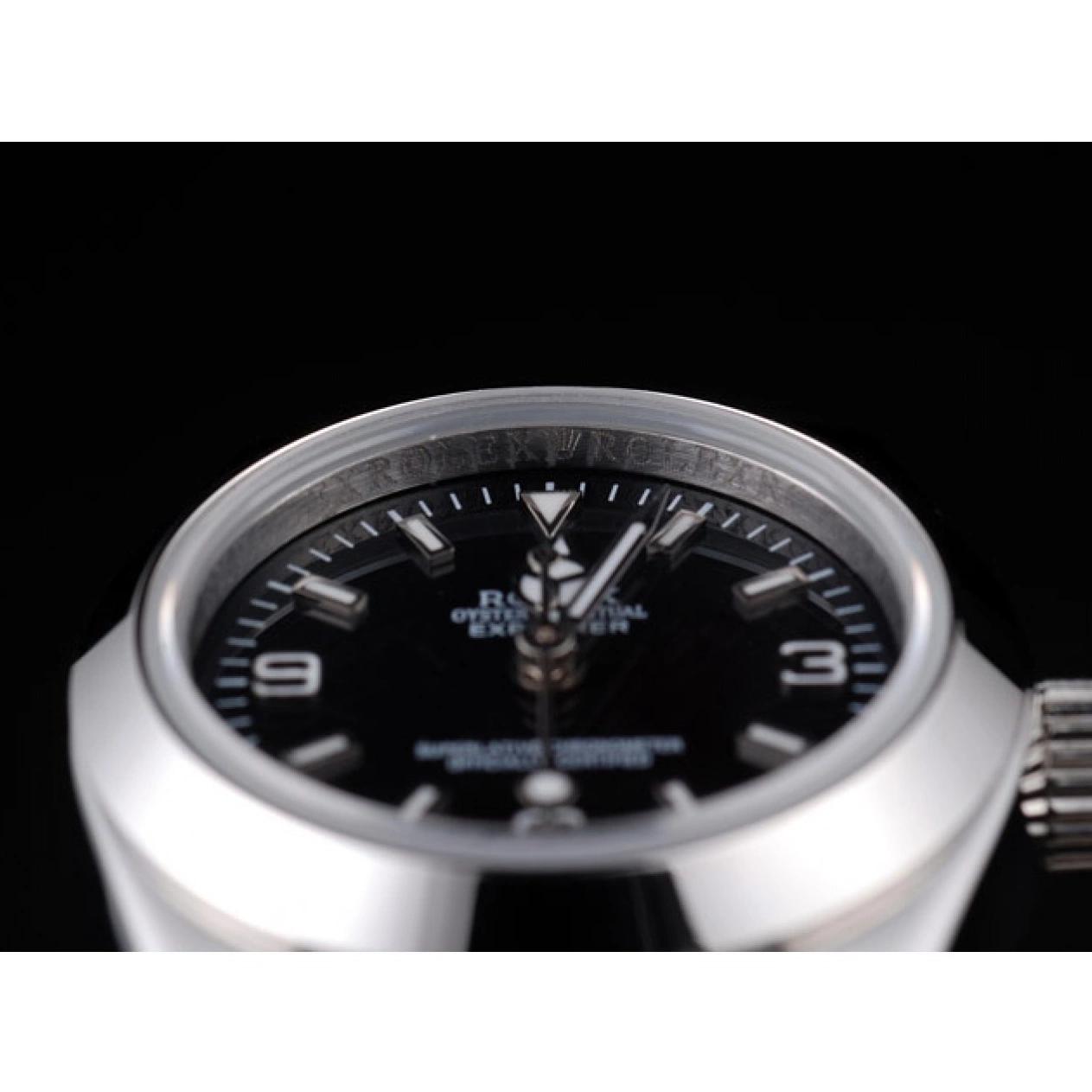 Aaa replica watch Explorer Dial Polished Stainless Steel Rolex Black 98089 0630